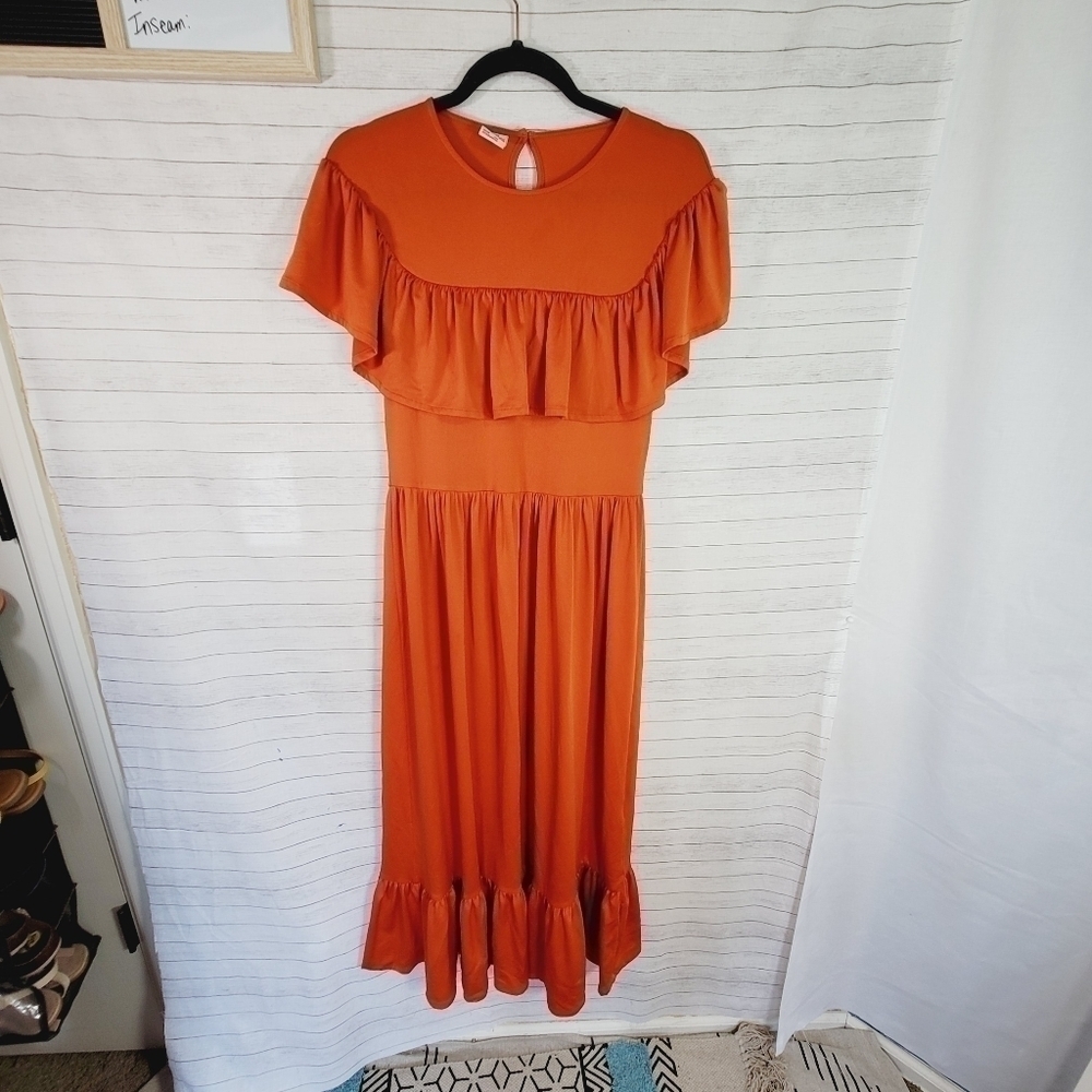 BAUM UND PFERDGARTEN RUST ORANGE MIDI DRESS, w RUFFLE DETAIL SZ SMALL